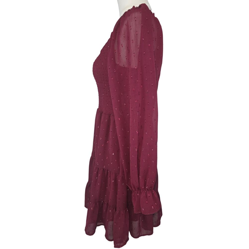 NWT Altar'd State Burgundy Ruffle Dress w/Sheer Balloon Sleeves Shimmer Boho - Picture 5 of 10